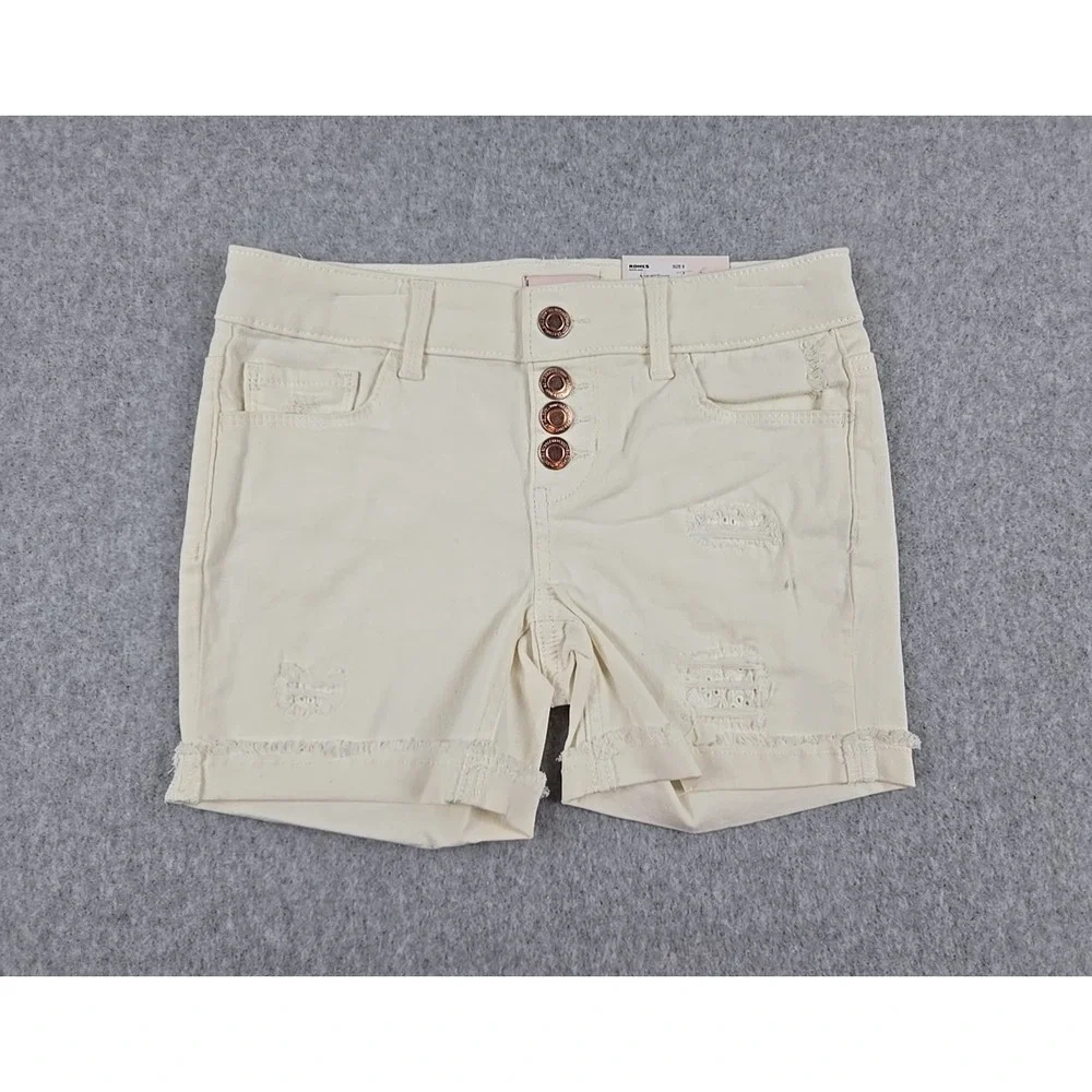 SO Jean Shorts Girls Size 8 Mid Rise Denim Midi Short Distressed Ivory Jeans NWT